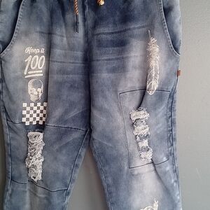 Distressed Denim Joggers Skull Feather Graphic Print Drawstring Pants